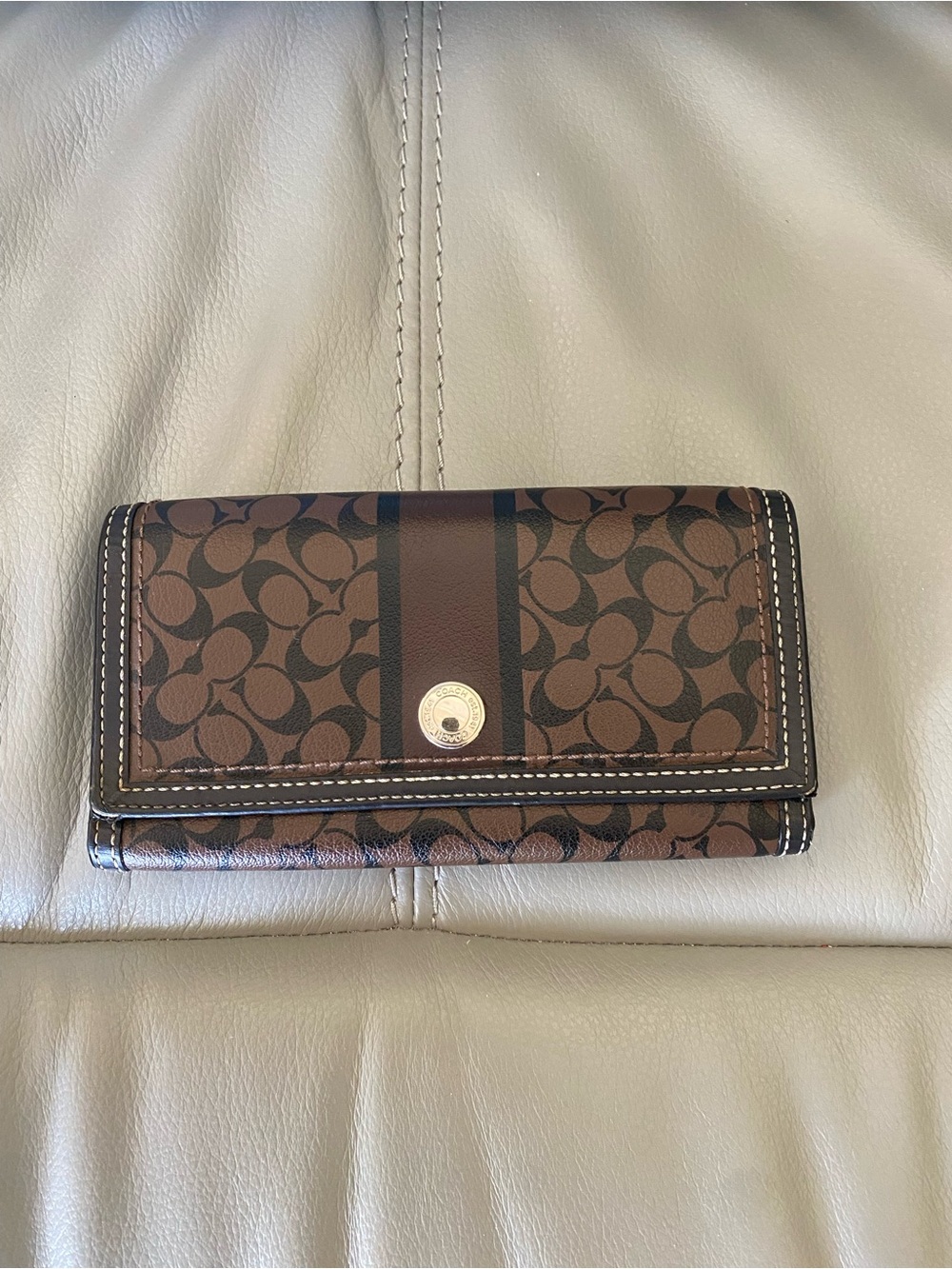 Coach Brown Signature Continental Wallet with Center Stripe
